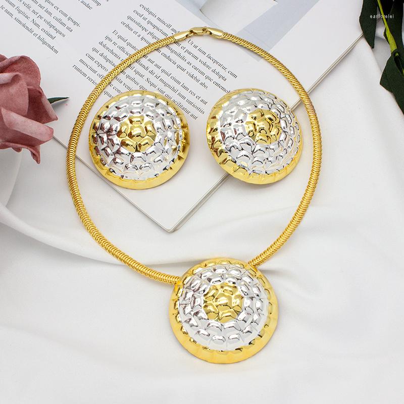 

Necklace Earrings Set Circle Round Pendant Bold African Dubai 24K Gold Silver Plated For Bridal Wedding Fashion Women Jewelry, Picture shown