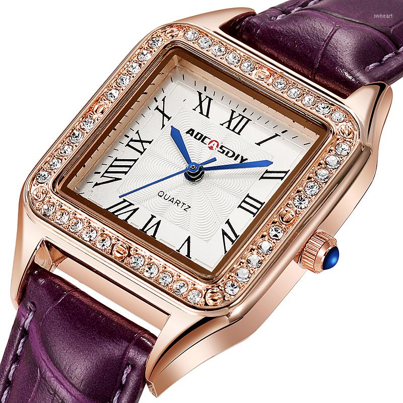 

Wristwatches Top Brand Aocasdiy Selling Fashion Casual Gold Case Leather Strap Ladies Quartz Watch For Women Mother's Day Gift Reloj, Red