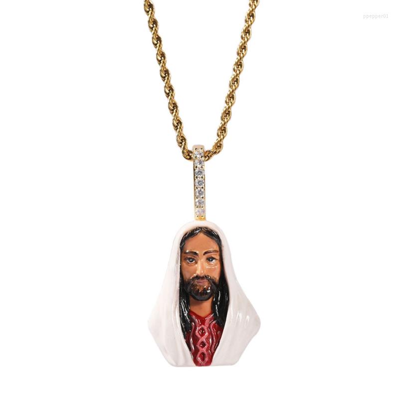 

Pendant Necklaces Copper Inlaid Zircon Enamel Jesus Men's Personality Hip-hop Necklace With Rope Chain Fashion Accessory