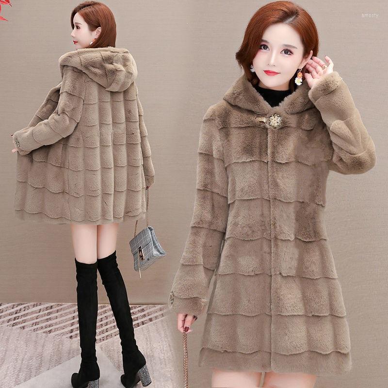 

Women's Fur 2022 Winter Fashion Mid-Length Hooded Long-Sleeved Danish Mink Imitation Thickened Warm Coat Women's Tide H088, Apricot