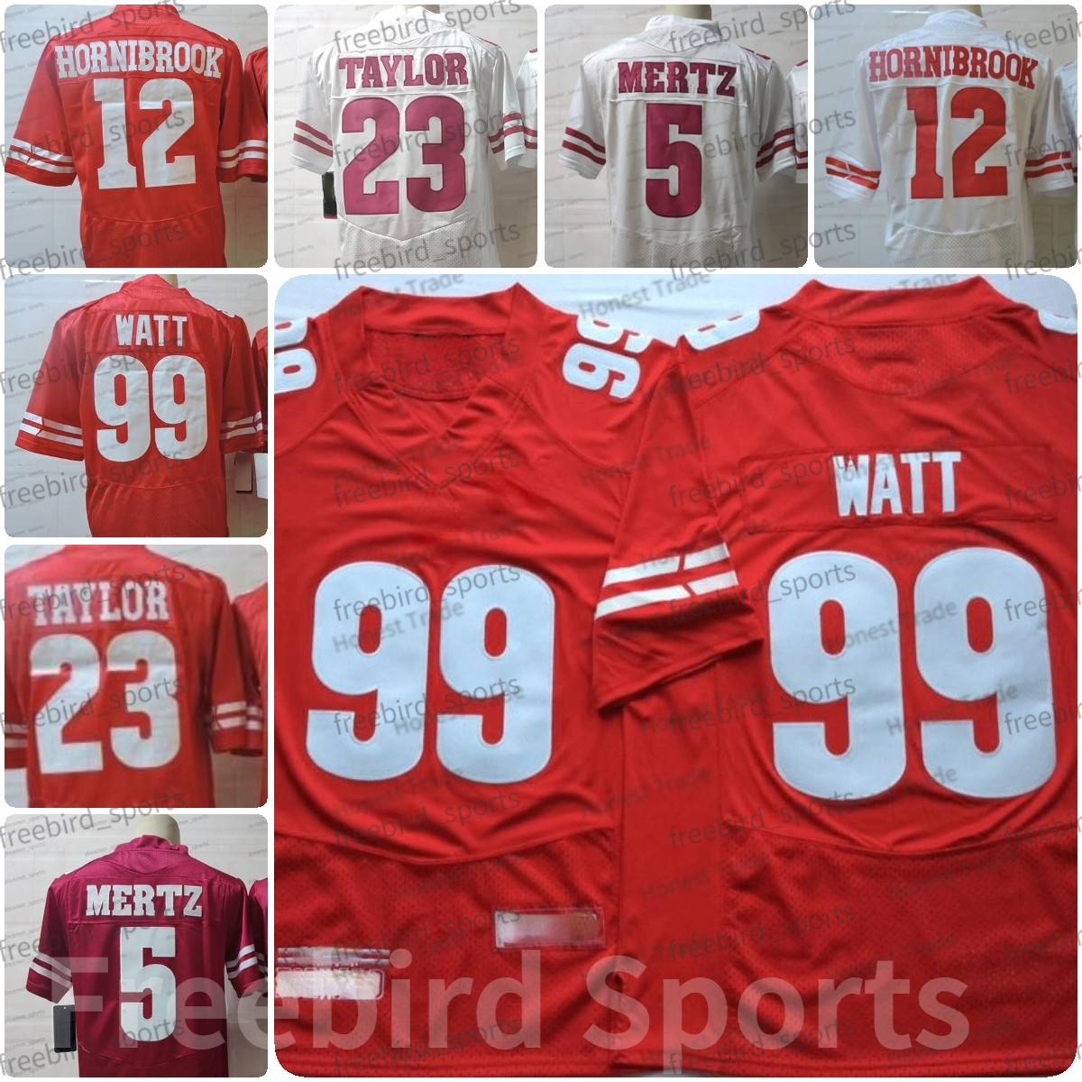 

NCAA Wisconsin 99 Watt Football Jersey 12 Hornibrook 5 Mertz Jonathan Taylor White Red College Football Jerseys Mens Stitched Mesh, Men jersey