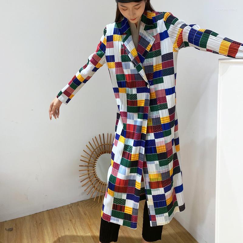 

Women's Trench Coats Changpleat 2022 Autumn Miyak Pleated Women Coat Fashion Geometric Print Long Sleeve Loose Large Size Female, See chart
