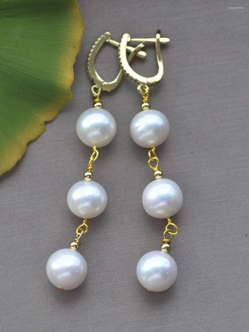 

Dangle Earrings Z10932 3Line 12mm White Round Freshwater Pearl Earring CZ