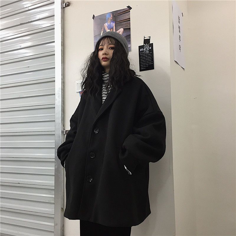 

Women's Wool Blends Ladies Woolen Coat Korean Version Harajuku Retro Loose Couple Thickened Quilted 221114, Regular