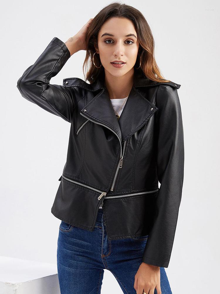 

Women' Leather Ailegogo Spring Autumn Women Moto Biker Spliced Pu Faux Jacket Streetwear Female Punk Black Coat Detachable Outwear