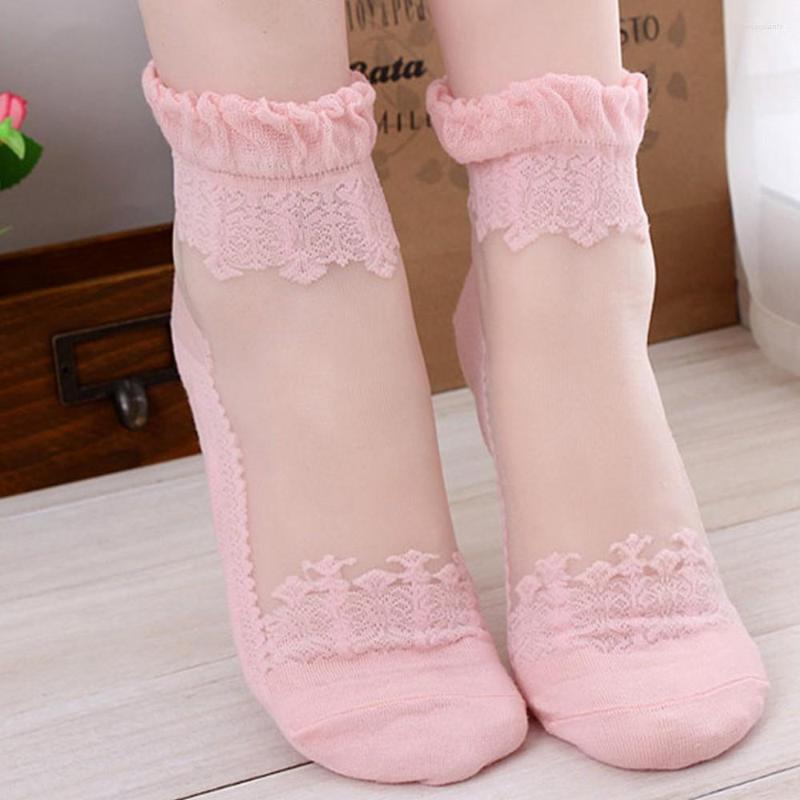 

Women Socks Colorful Ultrathin Transparent Beautiful Crystal Lace Elastic Short Calcetines Pink Sock, Black