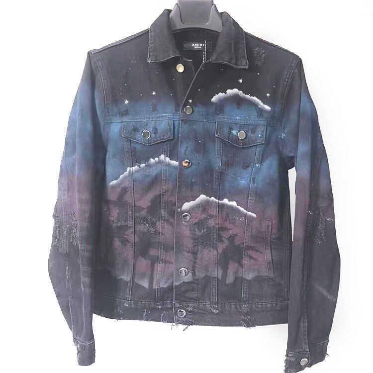 

Men Designer Coats Amri Fashion Jackets High Fashion Brand Denim Coat Starry Glitter Graffiti Coconut Tree Broken Hole Slim Down High Street, Beige