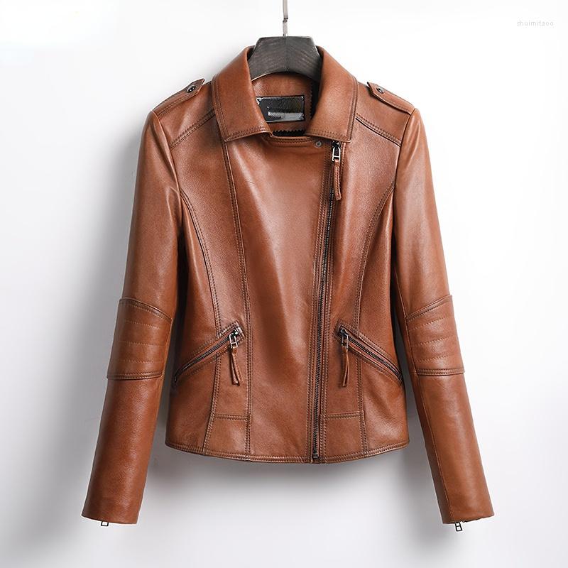 

Women's Leather Jacket Women 22 Real Spring Autumn Fashion Women's Short Suit Small Slim Motorcycle Mujer Chaqueta, Agate yellow