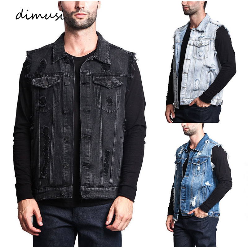 

Men' Vests DIMUSI Summer Autumn Vintage Design Denim Vest Male Retro Sleeveless Jackets Casual Ripped Hole Jean Waistcoats Clothing 221114, Black