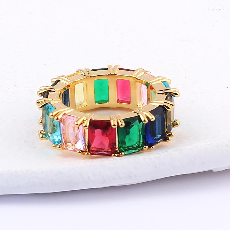 

Wedding Rings Baguette CZ Luxury Multicolor Charm Cubic Zirconia Band For Women 18K Gold Plaed Rainbow Ring Party Jewelry