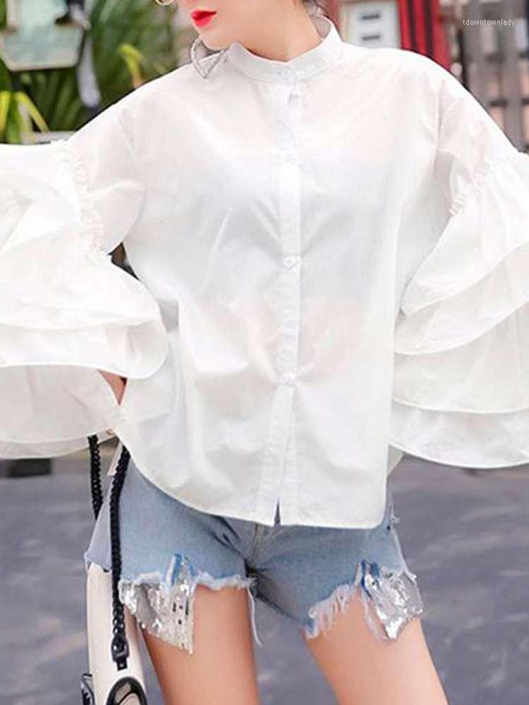 

Women' Blouses 2022 Ruffled Long Sleeve Tunic Summer Women Blouse Celmia Elegant Flare Shirt Tops Casual Solid Button Loose Party Blusas, Green