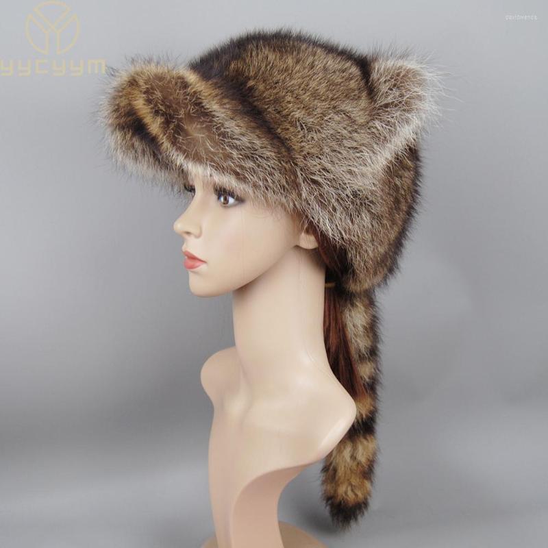 

Berets 2022 Lady Real Raccoon Fur Cap Women Natural Caps Ushanka Hat For Winter Thick Warm Ear Fashion Bomber Pom Hats