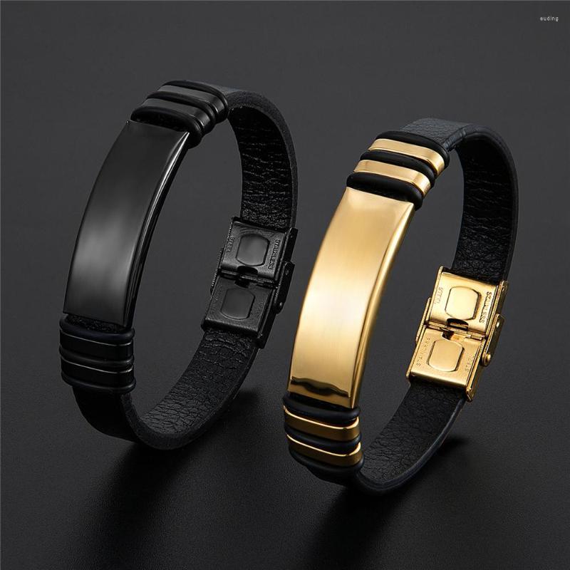 

Link Bracelets Fashion Brand Bracelet Stainless Steel Men's Black Charm Leather Wristband Simple Jewelry Wholesale