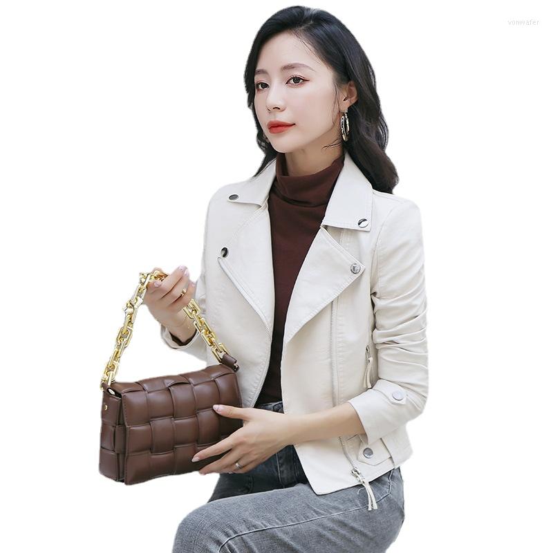 

Women's Leather 2022 Autumn Women's PU Motorcycle Short Korean Slim Fit Coat Skinny Jacket Girl Beige White Top, Black