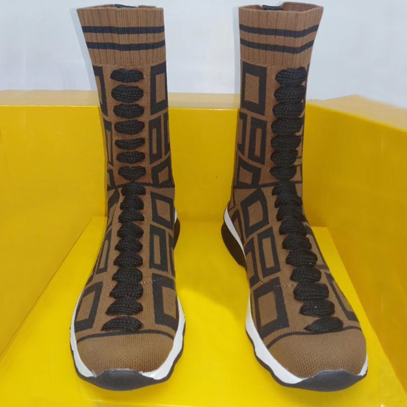

platform Socks boots Autumn winter Sexy letter Casual shoes women designer Shoes Fashion sports knitted elastic boot Lady Lace up Thick sneakers size 35-41-42 With box, Brown