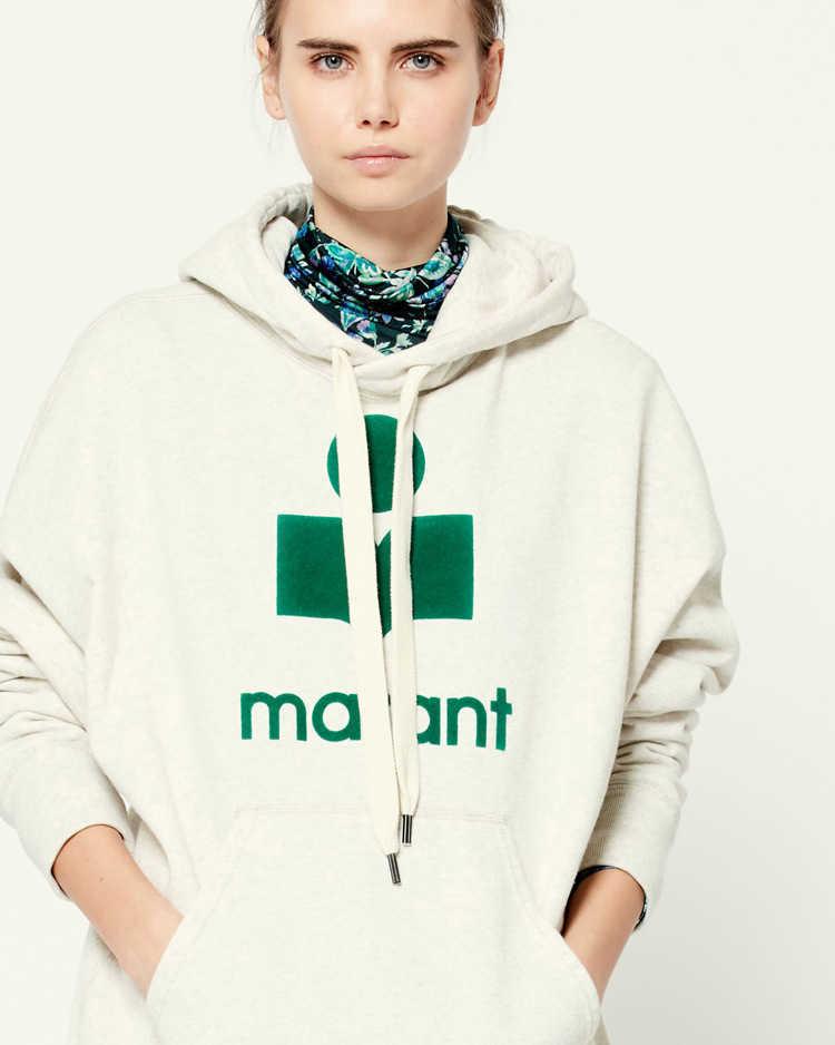

Isabel Marant Women Logo Flocked Cotton Hoodies Fashion Classic Flocking Printed Cotton Designer Loose Hooded Sweater, Gray white