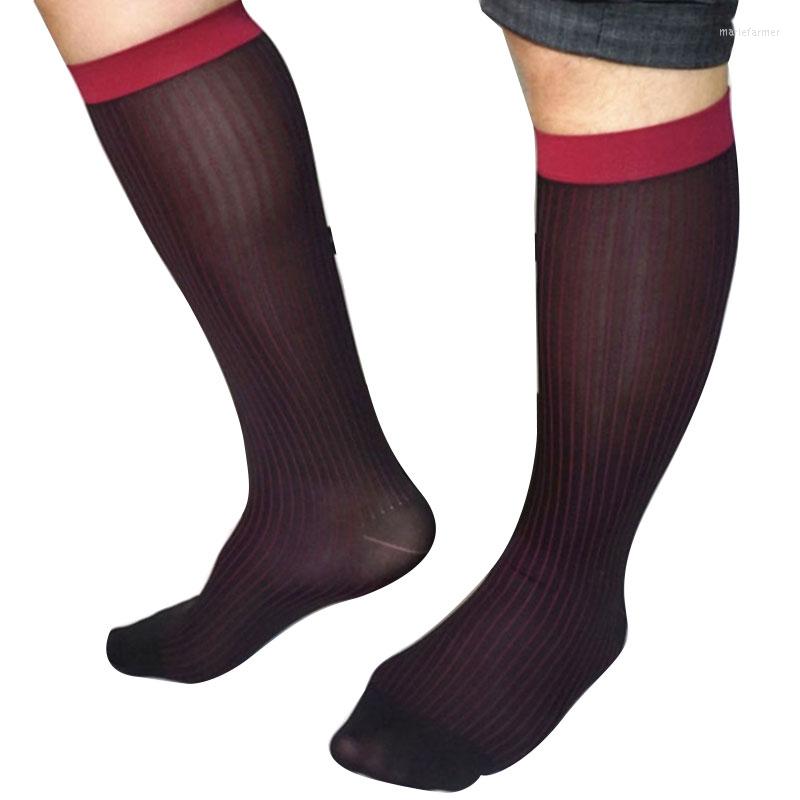

Men's Socks Transparent Striped Men Sheer Male Dress Business Stockings Casual Formal Suit Mid Tube Breathable Calf, Wine red