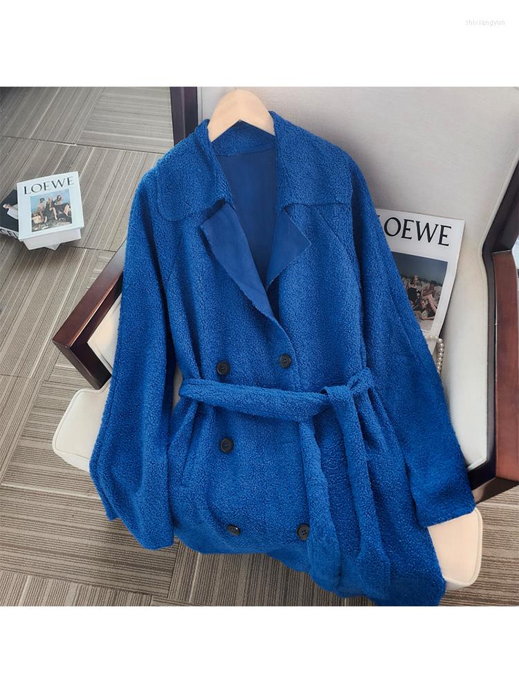 

Women's Trench Coats Women Woolen Coat Retro Loose Lapel Autumn Thicken Jackets Winter Fashionable Waist Belt Mid-length Long-sleeved, Black