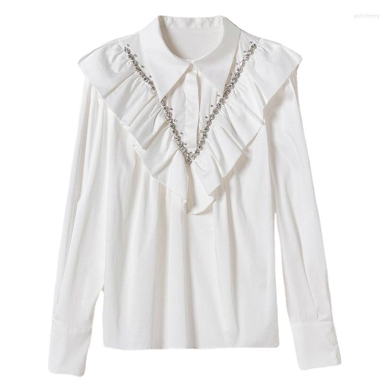 

Women' Blouses 2022 Spring Summer Fashion Black White Shirts High Quality Women Turn-down Collar Crystal Beading Deco Long Sleeve Ruffle