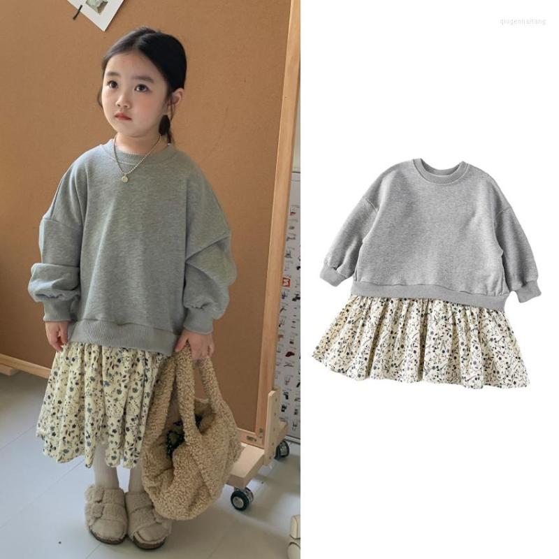 

Girl Dresses 2022 Autumn Children's Clothing Korean Version Floral Sweater Dress Stitching Girls Casual Princess, Grey