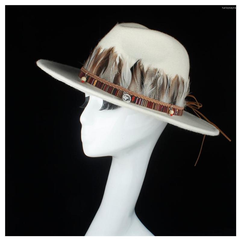 

Berets Wool Authentic Women White Fedora Hat With Feather Elegant Lady Winter Outdoor Travel Fascinator Trilby