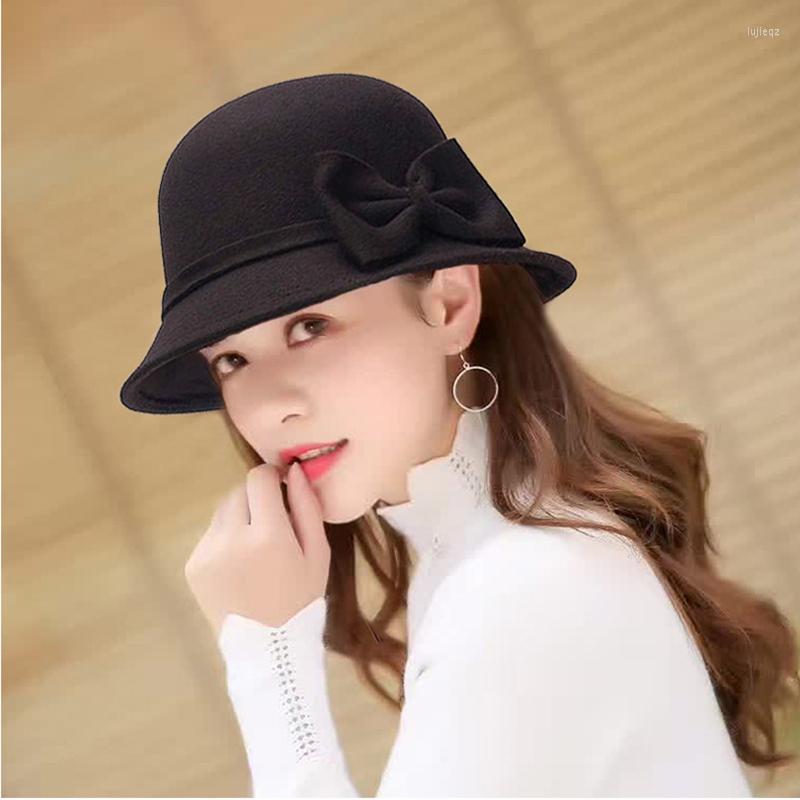 

Berets Bow Imitation Woolen Fedora Hat For Women Solid Color Winter Autumn Warm Cap Elegant Female Party Wedding Bowler Panama, B black
