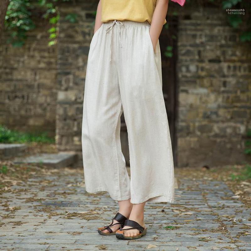 

Women's Pants Women's & Capris Johnature 2022 Autumn Women Retro Elastic Waist Cotton Linen Lace Up Wide Leg Loose Casual All-match, Beige