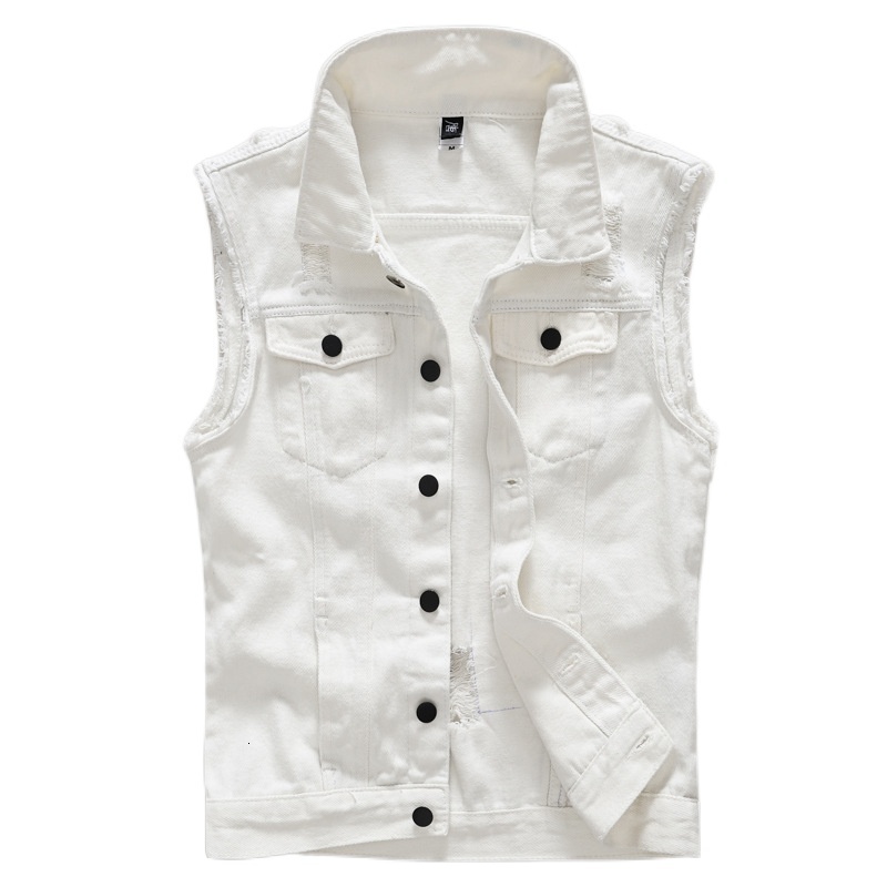 

Men's Vests Brand Male Denim Vintage Sleeveless Washed Jeans Waistcoat Man Cowboy Ripped Jacket Casual men size -5XL 221114, White