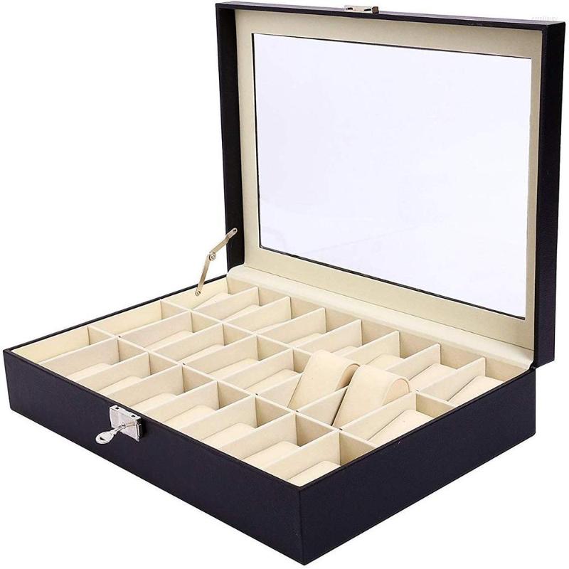 

Jewelry Pouches 24 Slot PU Leather Watch Box Watches Case Display Storage Organizer With Key & Lock Glass Top Gift For Men Women