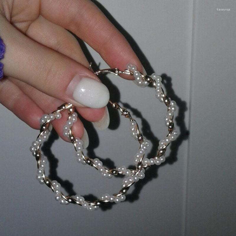 

Hoop Earrings Trend Pearl Twist Big Circle Women Korean Sweet Imitation Fashion Statement Geometric Jewelry