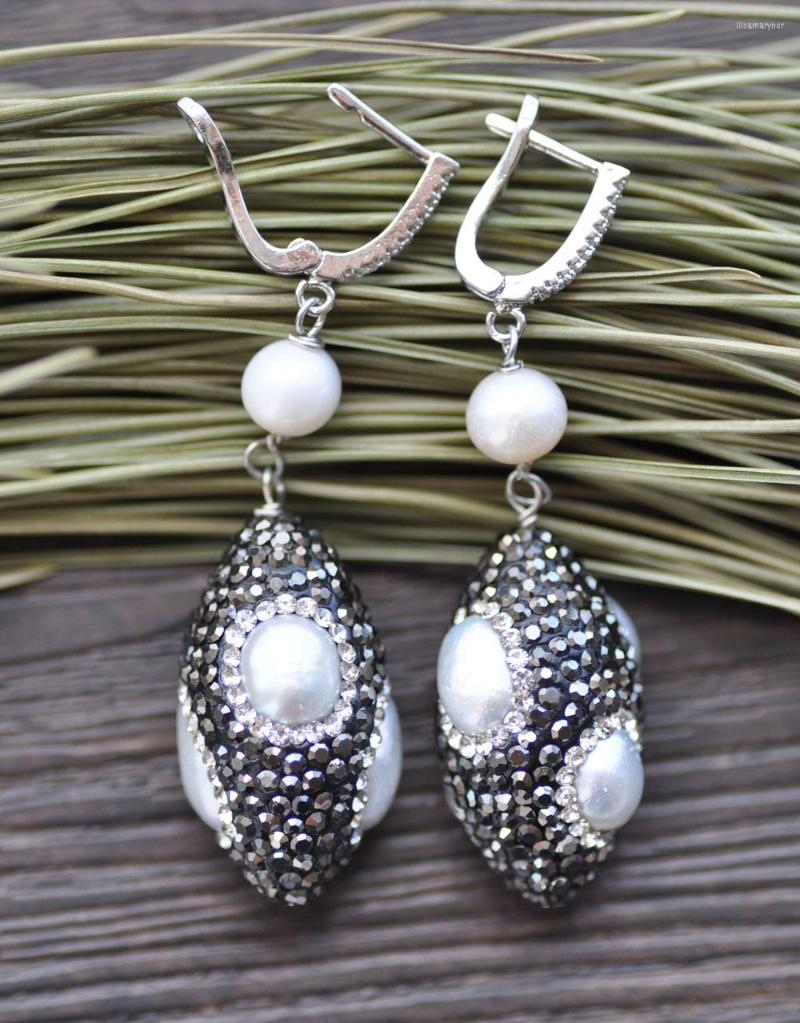 

Dangle Earrings P7664 30mm White Shuttle & Round Pearl Earring CZ 925SC