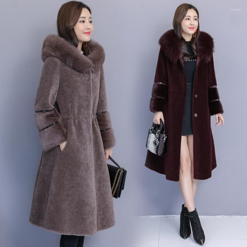 

Women's Fur 2022 Coat Female Natural Sheep Shearing Overcoat With Genuine Collar Hooded Long Wool Winter Jacket Women W1100, Purple