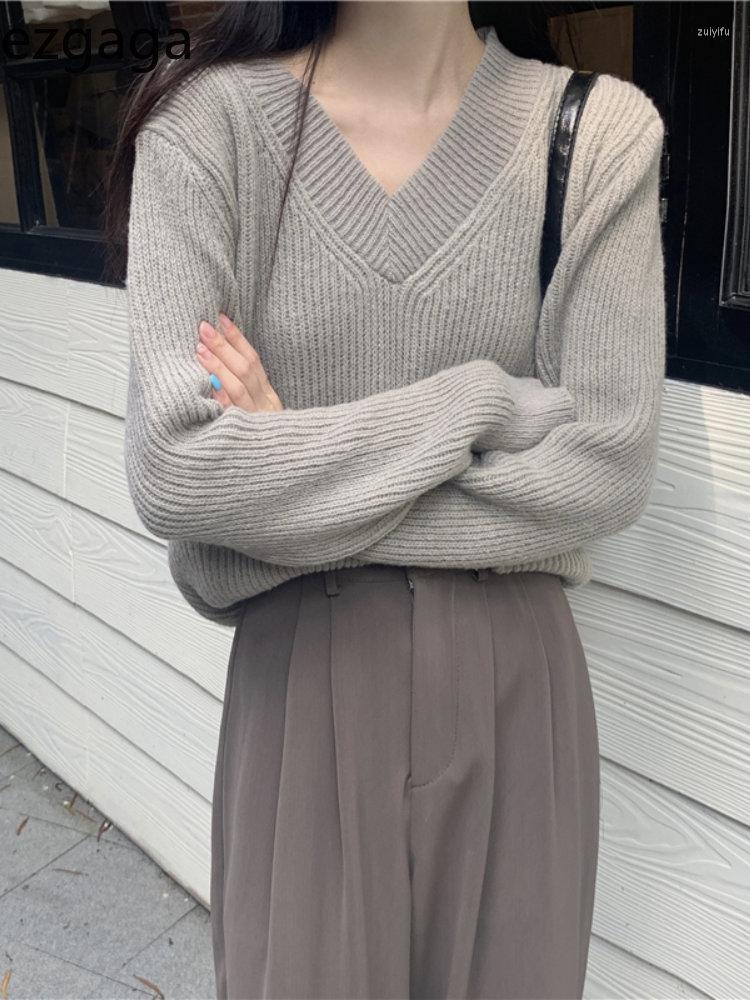 

Women's Sweaters Ezgaga Sweater Pullover Women V Neck 2022 Autumn Winter Solid Loose Knitted Tops Female Simple Elegant Jumper Casual, Khaki