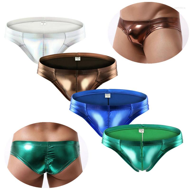 

Underpants Shine PU Leather Mens Briefs Low Waist Party Night Stage Dancewear Men Underwear Sexy Breathable Panties, Gold