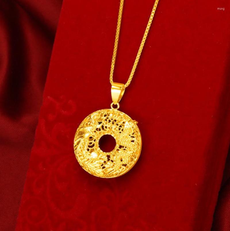 

Pendant Necklaces Hi Women Hollow Out 24K Gold Round Dragon Feng Necklace For Female Party Jewelry With Chain Birthday Gift Long No Fade