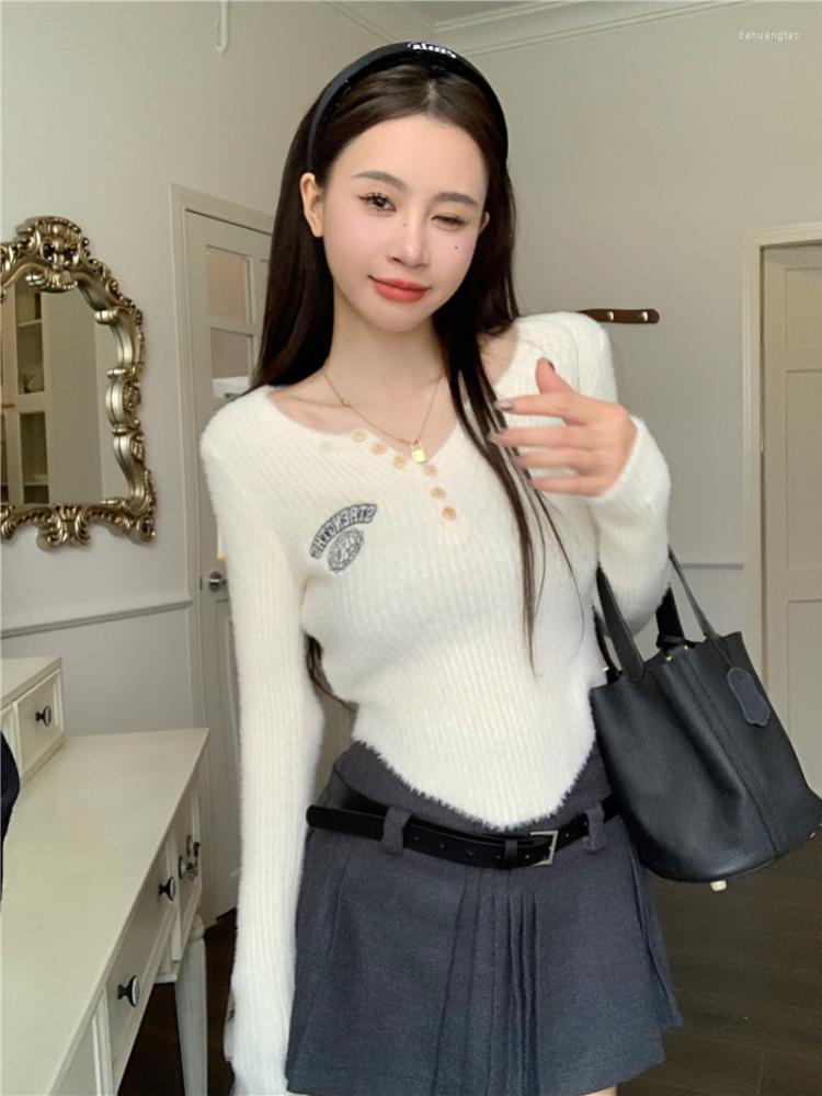 

Women's T Shirts Korobov Autumn Winter T-shirts Slim Long Sleeve Pullovers Irregular Knitting Crop Top Embroidery Letters Vintage Y2k, Green
