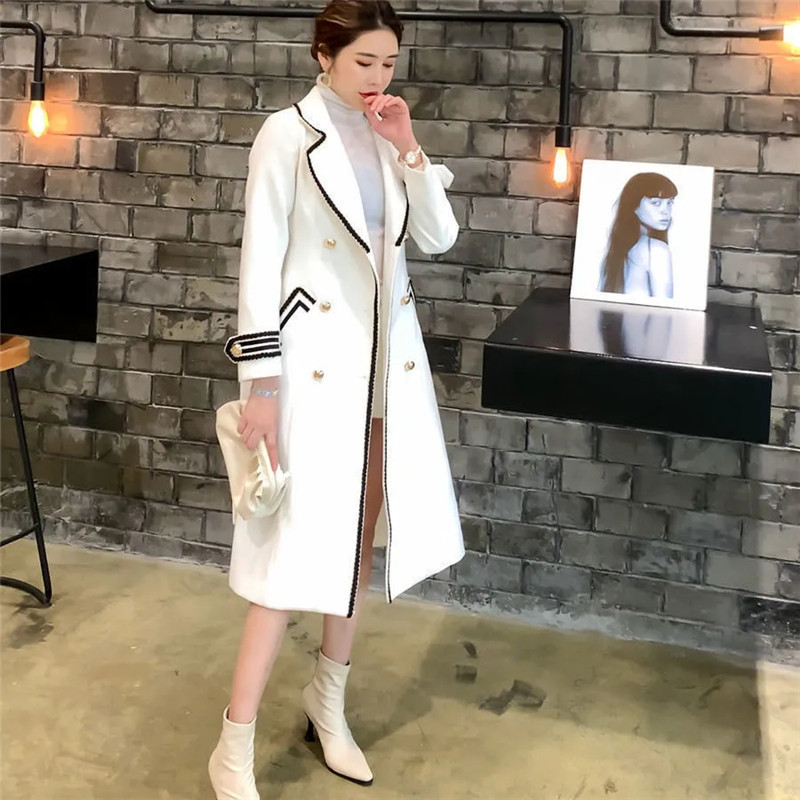 

Women' Wool Blends Women White V-neck Mid-Length Woolen Coat Autumn Winter Female British Hepburn Style Slim Black Double-Breasted Jacket 221114