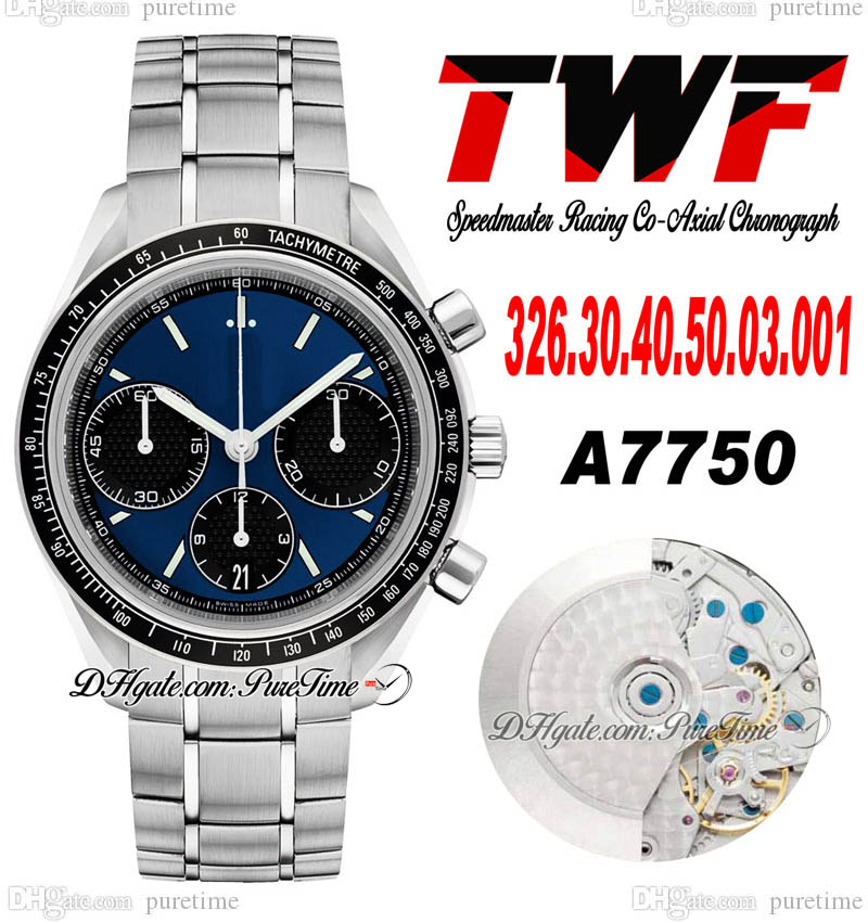 

TWF Racing Master A7750 Automatic Chronograph Mens Watch Eta Tachymeter Bezel Blue Black Dial Stainless Steel Bracelet 326.30.40.50.03.001 Super Edition Puretime B2