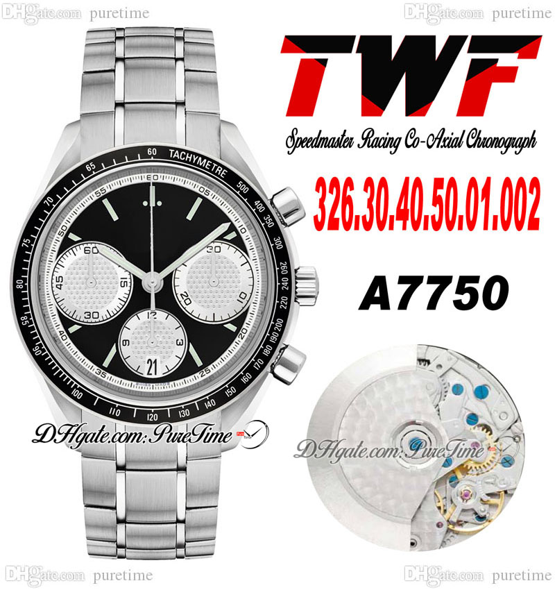 

TWF Racing Master A7750 Automatic Chronograph Mens Watch Eta Tachymeter Bezel Black White Dial Stainless Steel Bracelet 326.30.40.50.01.002 Super Edition Puretime E5