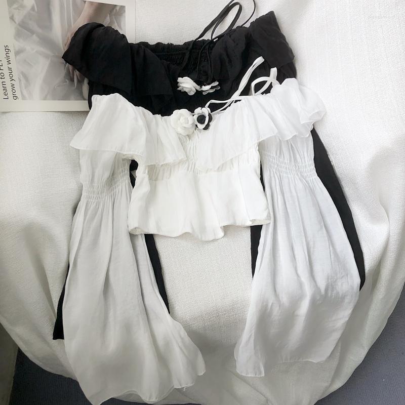 

Women's Blouses Korean Chic 3D Flower Blouse Ruffles Shirts Women Flares Sleeve Shirt Tops Female Casual Boat Collar Blusas Drop, Black