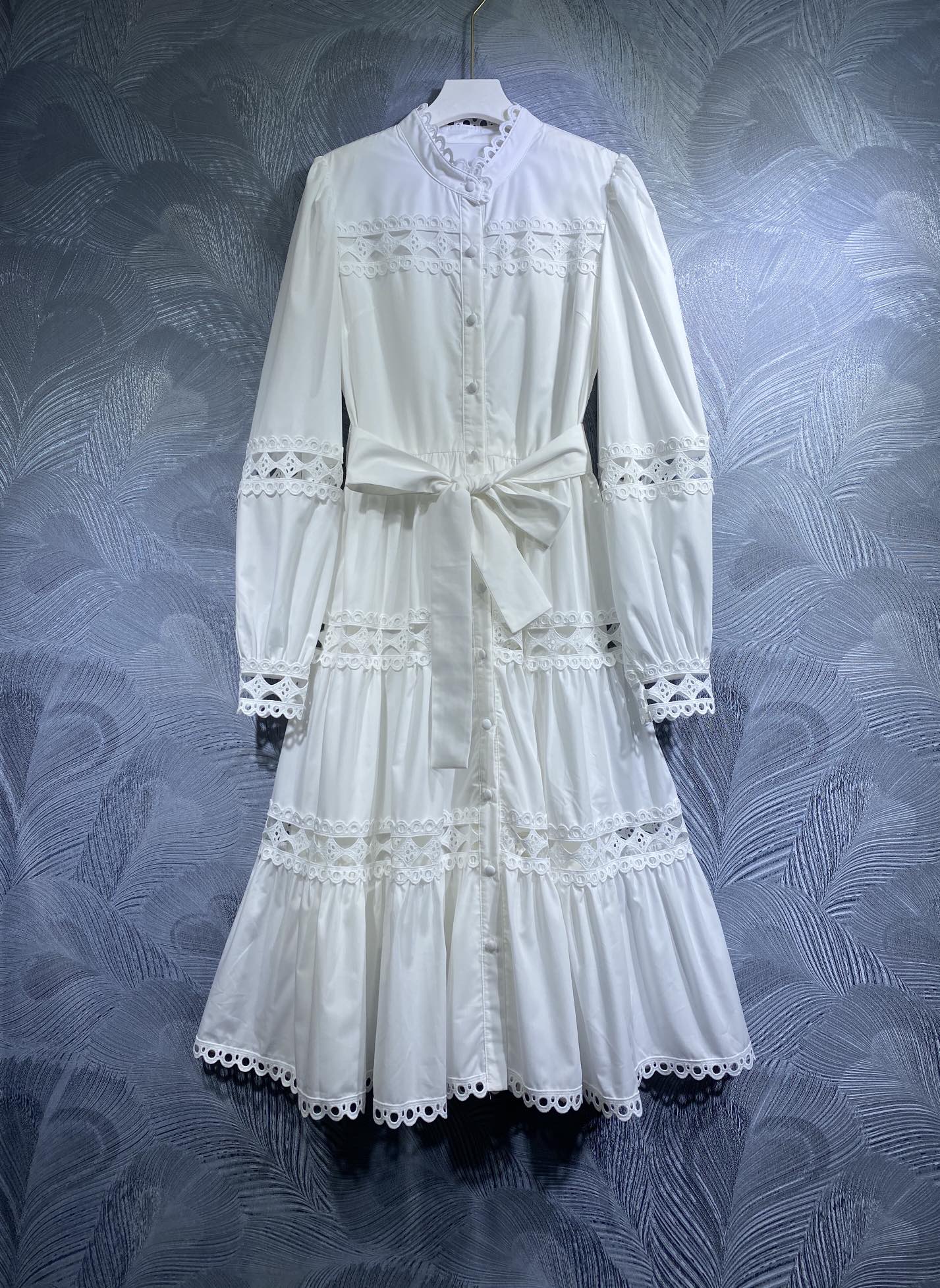 

Dresses 2022 Autumn European and American New Women's Fashion Stand Collar Single breasted Waist Lace up Solid Dress, White