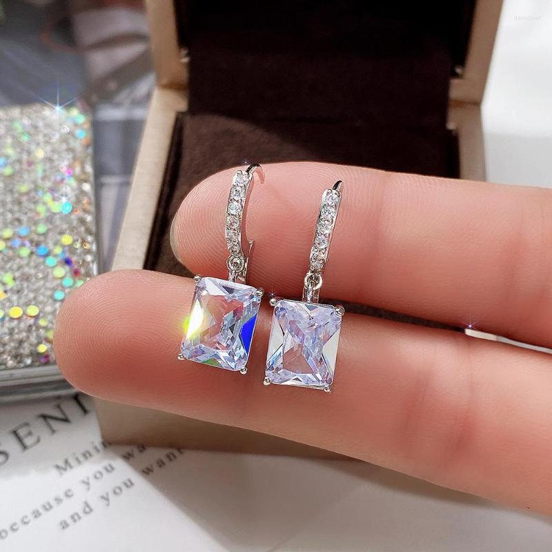 

Backs Earrings Cute Female Crystal Zircon Stone Dainty 925 Silver Clip For Women Big Clear White Square Girls