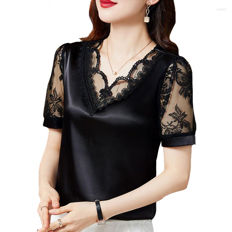 

Women's Blouses -4XL Elegant Satin Lace Shirt Summer Short Sleeve Casual Clothing V Neck Women Blouse Tops Blusa Feminina, Champagne
