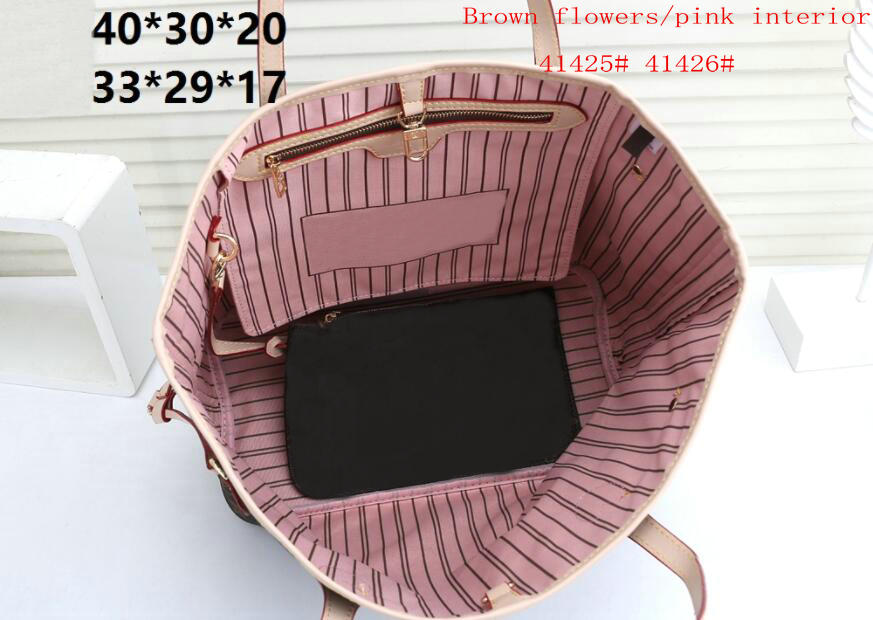 

2ps/set 100% Genuine leather Composite tote handbag designer double letter large capacity shopping bags women's trendy shoulder bag clutch purse, Brown flowers/red interior