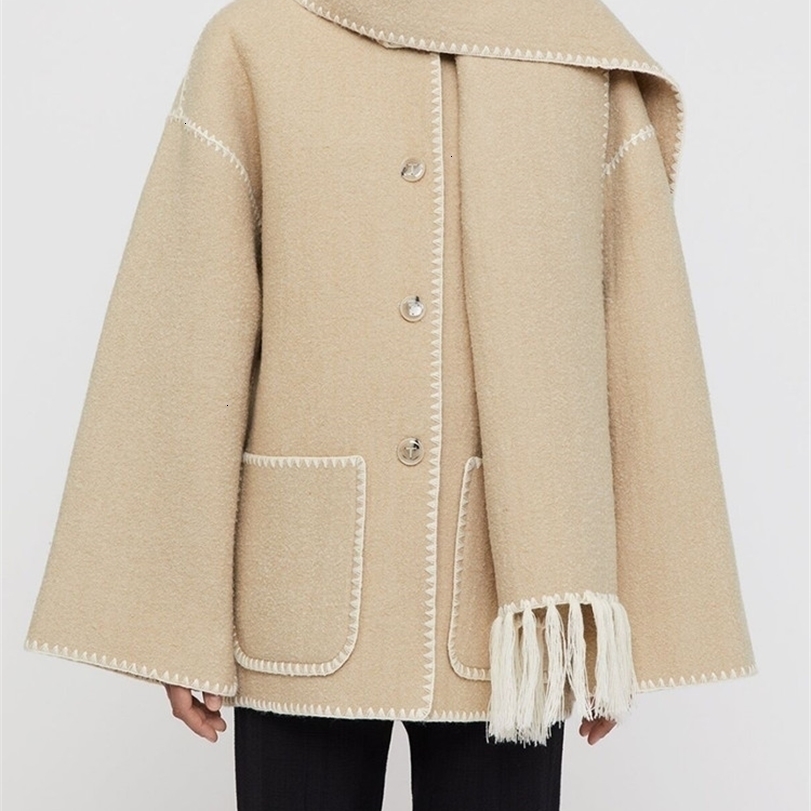 

Womens Wool Blends Women Fringe Scarf Collar Coat Doublesided Woolen Single Breasted Autumn Winter Loose Embroidery Trim Female Casual Jacket 221113, Oatmeal