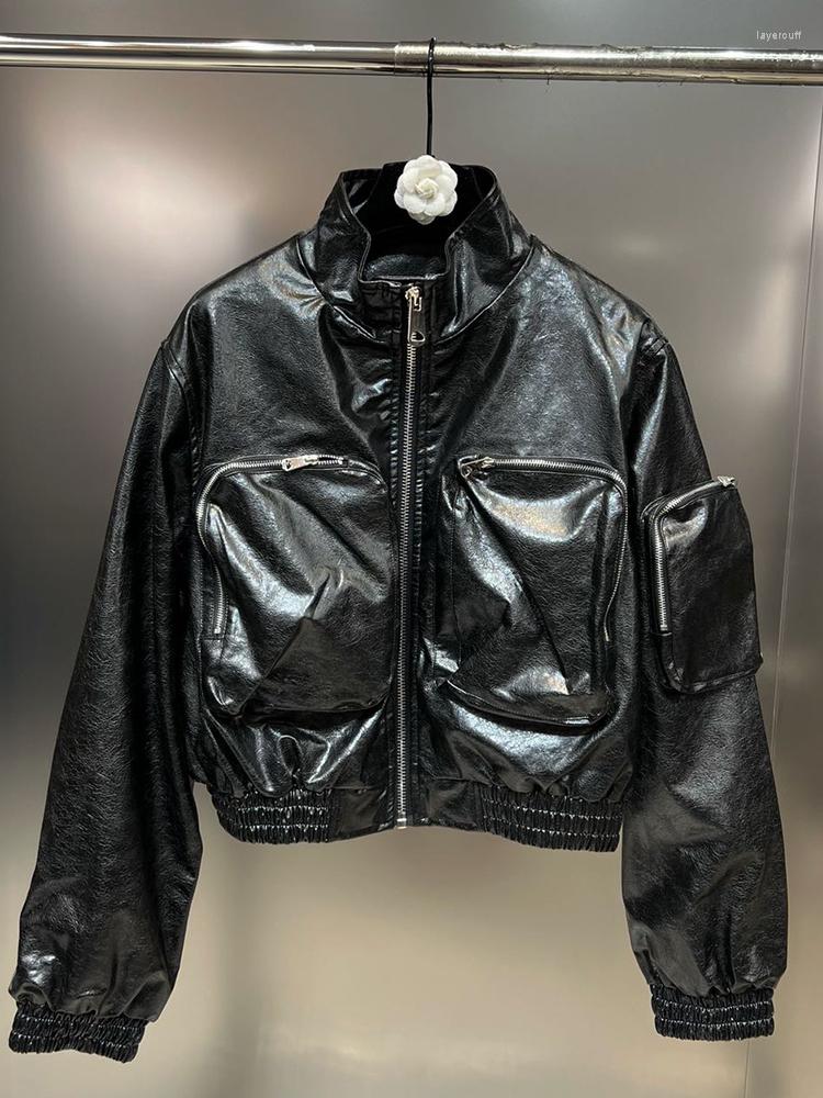 

Women' Jackets 2022 Autumn Fashion Design Solid Color Coat Women Stand Collar Long Sleeve Large Pocket Shiny Leather Jacket Female, Black
