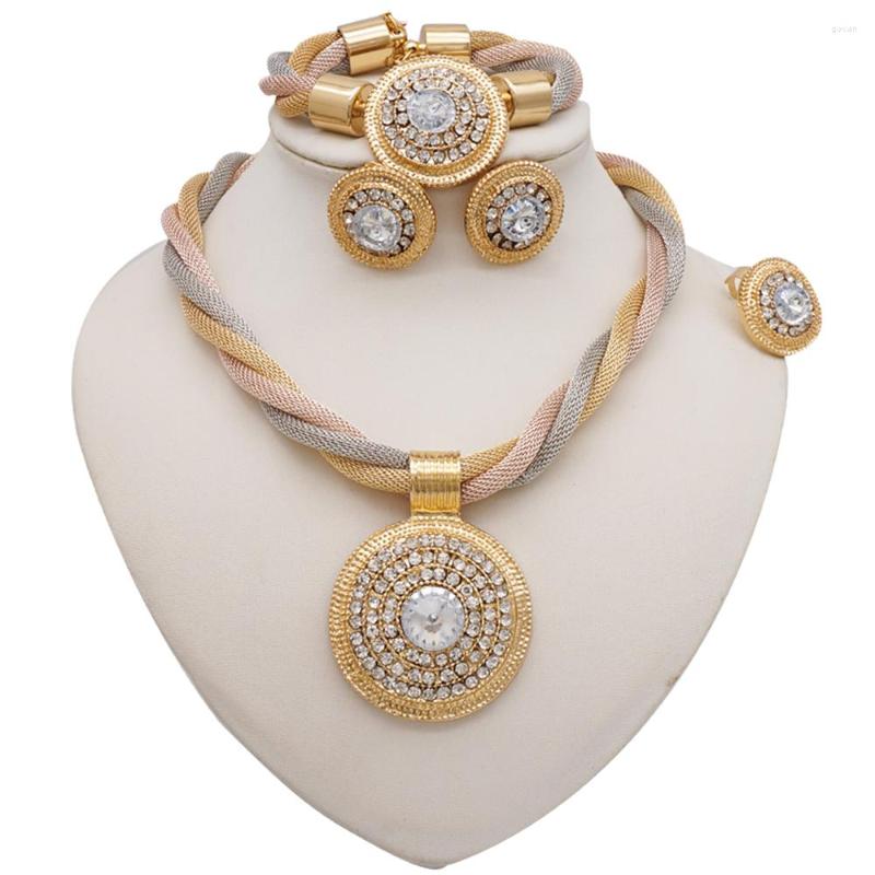 

Necklace Earrings Set Fashion Wedding Gold Color For Women Pendant Statement Round African Crystal Bracelet Rings, Picture shown