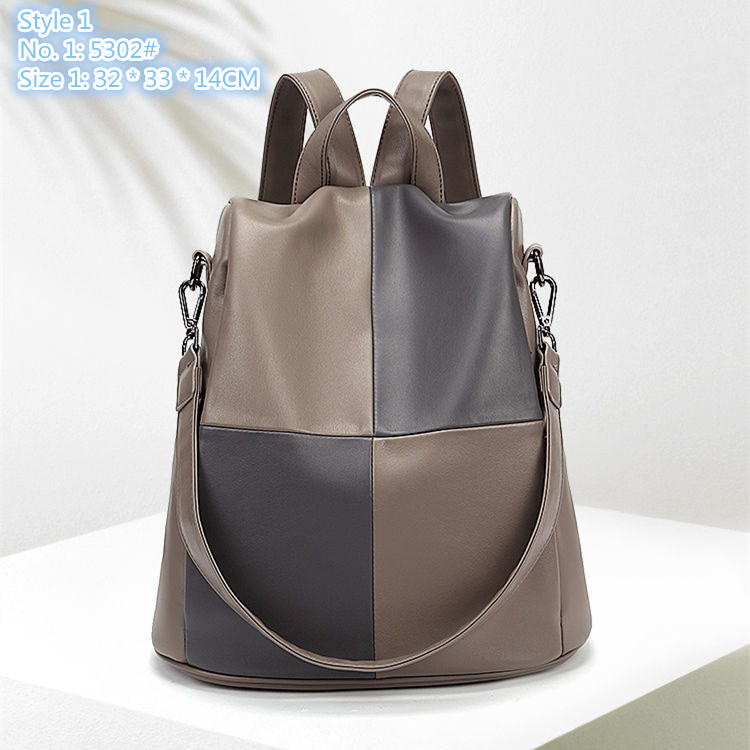 

Wholesale factory ladies shoulder bag 2 styles simple contrast leather backpack vertical high-capacity color matching fashion handbag leisure anti-theft handbags, Blue-8069#-style 2