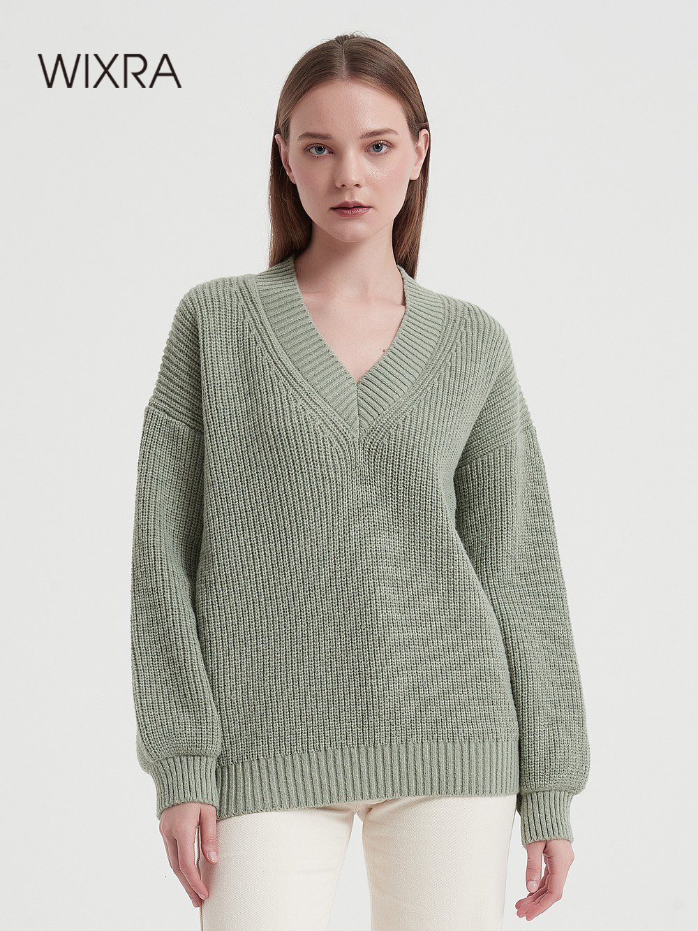 

Women's Sweaters Wixra Women Basic V Neck Sweater Warm Thick Loose Pullovers Solid Jumper Casual Top Autumn Winter 221114, Purple