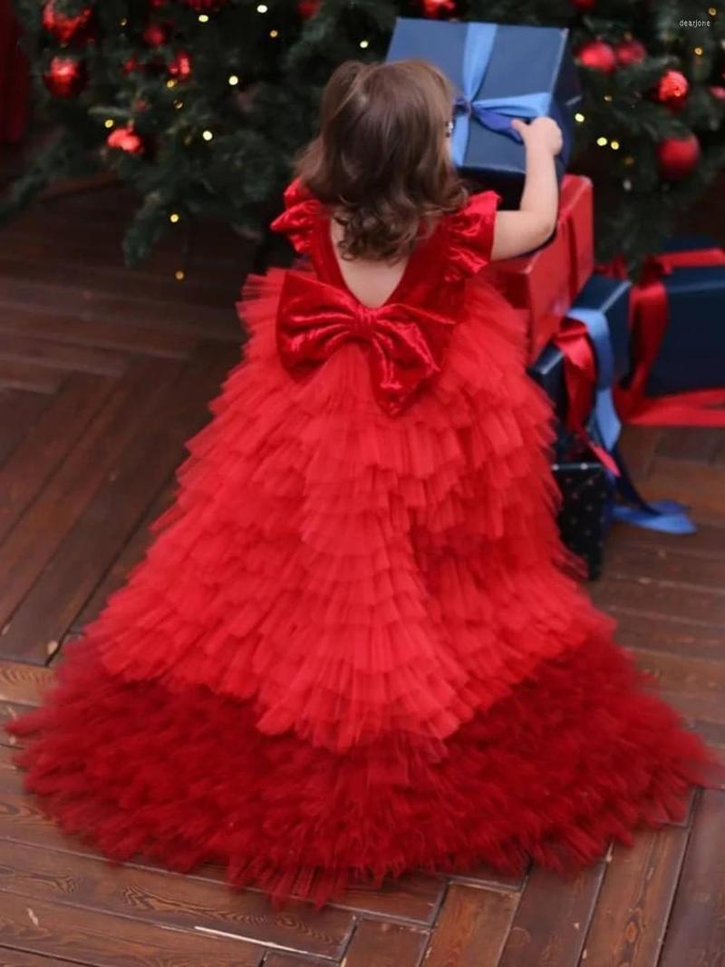 

Girl Dresses Red Puffy Baby Birthday Party Gown Big Bow Long Train Flower Dress Kid Pageant Prom Christmas 1-14Y